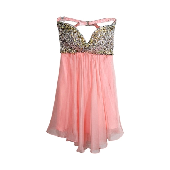La Femme Glittery Beaded Pink Chiffon Mini Dress - Picture 3 of 7